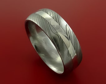Damascus Steel Ring and Platinum Inlay Wedding Band