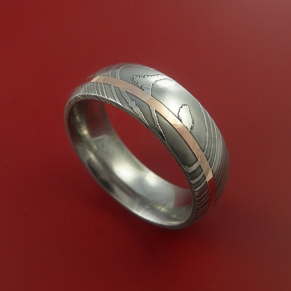 Damascus Steel 14K Rose Gold Ring Wedding Band Custom Made