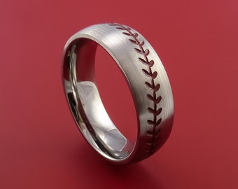 Titanium Baseball Ring with Red Stitching Fan Band Any Size and Color Red, Green, Blue Inlay