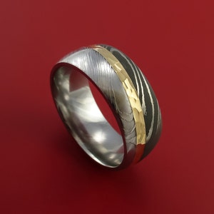 Damascus Steel Diagonal 14K Yellow Gold Ring Wedding Band Custom Made