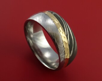 Damascus Steel Diagonal 14K Yellow Gold Ring Wedding Band Custom Made