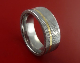 Damascus Steel 14K Yellow Gold Ring Wedding Band Custom Made to any Size 3-22