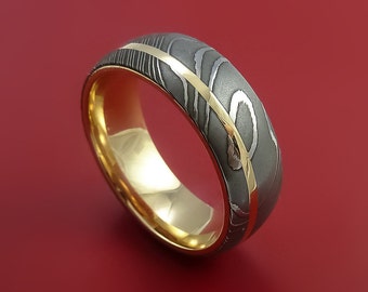 Damascus Steel 14K Yellow Gold Ring Wedding Band Custom Made