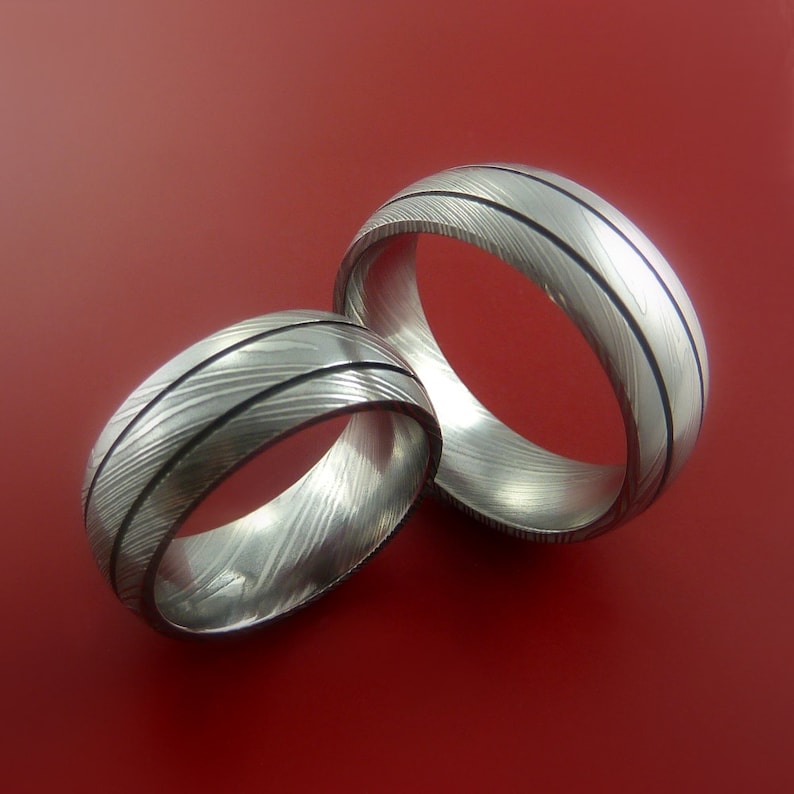 Matching Damascus Steel Ring Set Wedding Bands Genuine Etsy