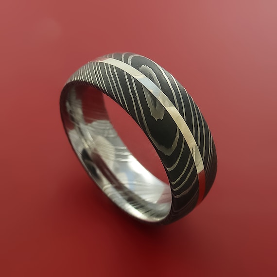 Damascus Steel Ring and Platinum Inlay Wedding Band