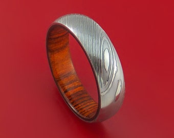 Damascus Steel Ring with Cocobolo Hardwood Interior Sleeve Custom Made