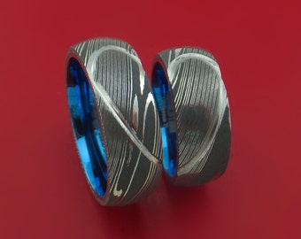 Matching Damascus Steel Heart Carved Ring Set Anodized Wedding Bands Genuine Craftsmanship