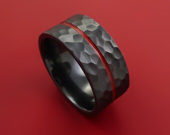 Black Zirconium Hammer Finish Ring Modern Style Band with Red Center Inlay Made to Any Sizing