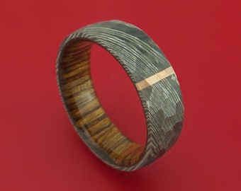 Damascus Steel Ring with Rock Hammer Finish and Vertical 14k Rose Gold Inlay and Wood Sleeve Custom Made Band