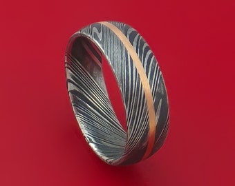 Kuro Damascus Steel Ring and 14k Rose Gold Wedding Band Genuine Craftsmanship Custom Made