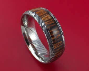 Kuro Damascus Steel Ring with Ziricote Hardwood Inlay Custom Made Band