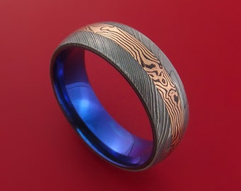 Damascus and 14k ROSE GOLD Mokume Gane Ring with Anodized Titanium Sleeve Custom Made