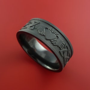 Black Zirconium Celtic Irish Claddagh Ring Hands Clasping Heart Band Carved Any Size Ring 4 to 20