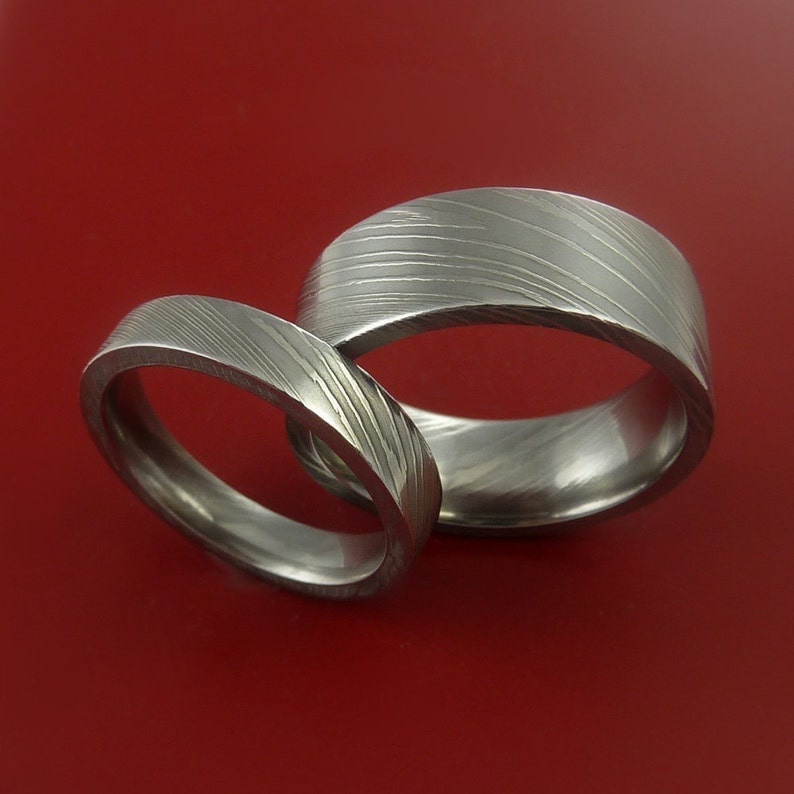 Matching Damascus Steel Ring Set Wedding Bands Genuine Etsy