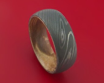 Damascus Steel Ring with Maple Burl Hardwood Interior Sleeve Custom Made