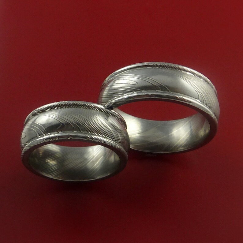 Matching Damascus Steel Ring Set Wedding Bands Genuine Etsy