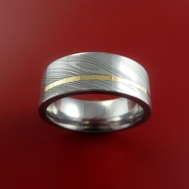 Damascus Steel 14K Yellow Gold Ring Wedding Band Custom Made to any Size 3-22 image 2