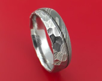 Damascus Steel Ring with Hammer Rock Finish Two Tone Custom Band