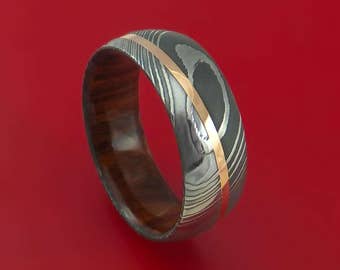 Damascus Steel Diagonal 14K Rose Gold Ring with Hardwood Sleeve Wedding Band Custom Made