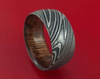 Kuro Damascus Steel Ring with Koa Wood Hardwood Sleeve Custom Made Wood Band