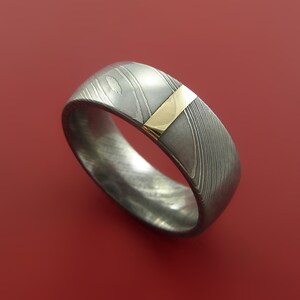 Damascus Steel 14K Yellow Gold Vertical Inlay Ring Wedding Band Custom Made