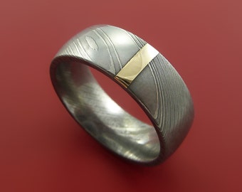 Damascus Steel 14K Yellow Gold Vertical Inlay Ring Wedding Band Custom Made