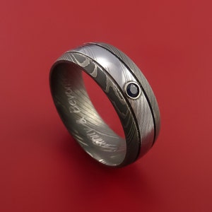 Damascus Steel Ring with Bezel Set Blue Sapphire Custom Made Band