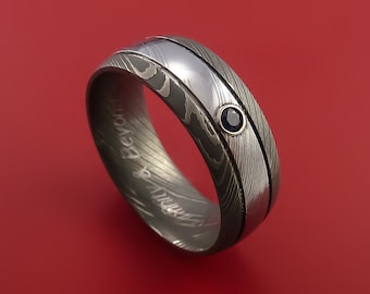 Damascus Steel Ring with Bezel Set Blue Sapphire Custom Made Band