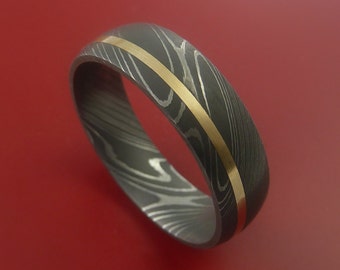 Damascus Steel 14K Yellow Gold Ring Wedding Band Custom Made