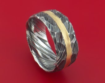 Kuro Damascus Steel Ring and 14k Yellow Gold Wedding Band Genuine Craftsmanship Custom Made