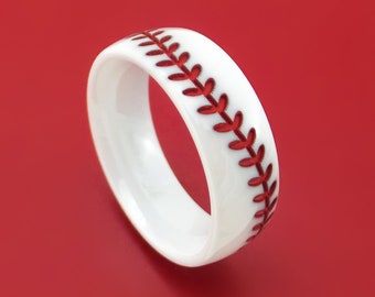 White Ceramic Ring with Baseball Stitching and Cerakote Inlay Custom Made Band