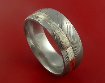 Damascus Steel Ring with Palladium and Sterling Silver Mokume Gane Inlay Custom Made Band