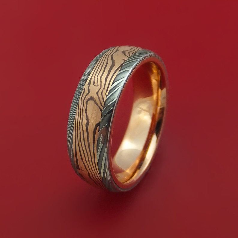 Damascus Steel Ring With Rose Gold Mokume and Rose Gold Sleeve Etsy
