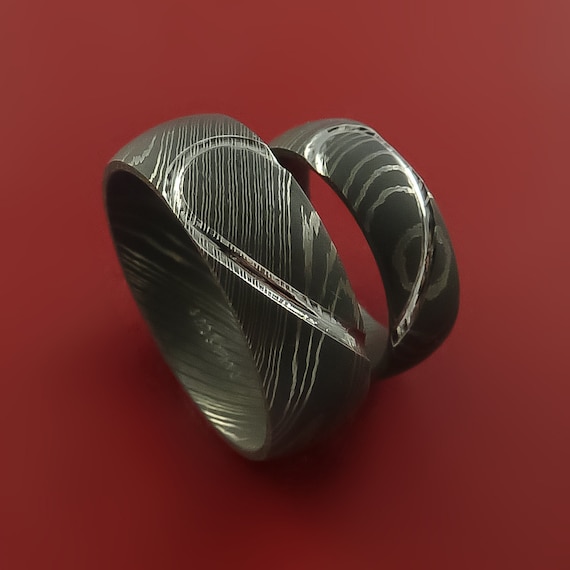Matching Damascus Steel Heart Carved Ring Set Wedding Bands