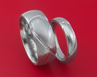 Matching Damascus Steel Heart Carved  Ring Set Wedding Bands Genuine Craftsmanship