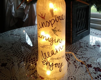 Inspirational decor, wine bottles, wine bottle lamp, wine bottle light, wine bottle lights, lighted wine bottles, lighted bottles lamp