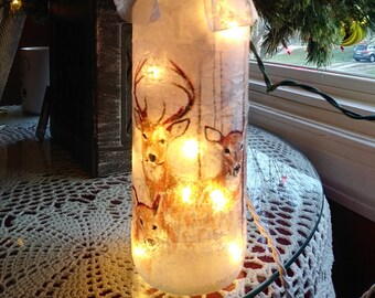 Wine bottle decor,lighted wine bottles,unique gifts,wildlife,deer scene,winter,winter trees,gift for lodge,christmas gift,wine art,wine gift