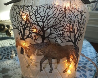 wine bottle lights,lights in a bottle,bottle lights,wine bottle lamp,horses,bare trees,western,country western,lamps.decorated wine bottles