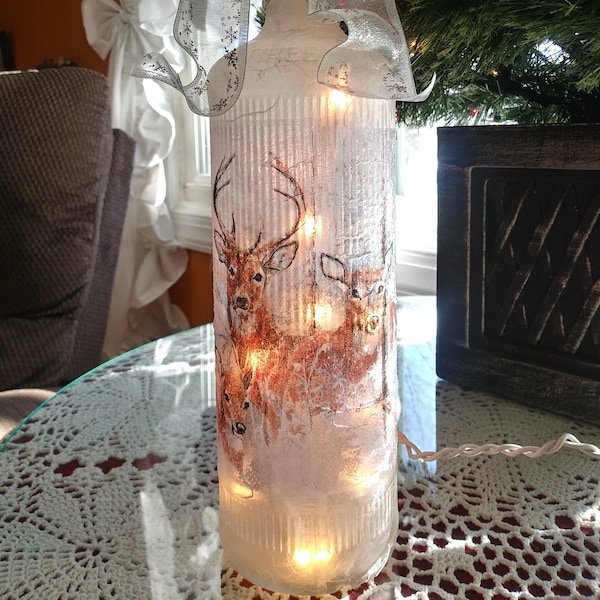 Deer in forest,wine bottle,wine art,wine craft,wine bottle with lights,accent lights,unique gifts,wine bottle lamp,gifts for her,lighting