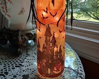Spooky Halloween Wine Bottle Lamp, Haunted Castle, Bats, Recycled Glass