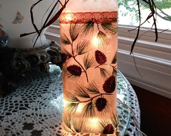 Pine Cone Wine Bottle Lamp,lighted wine bottle,wine decor,pine trees,wine bottle light,evergreen trees,wine craft,wine art,sister,friend,mom