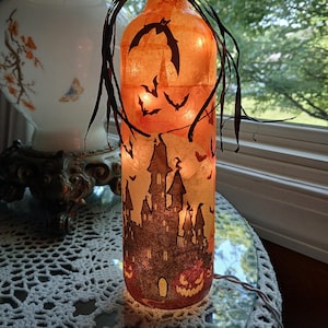Grave Yard Wine Bottle Lamp,halloween,haunted  house,spooky Halloween,wine bottle light,recycled glass bottle,night light,scary castle,bats,