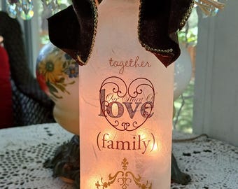 Family Wine Bottle Lamp, Raffia Bow, Recycled Bottle Lights