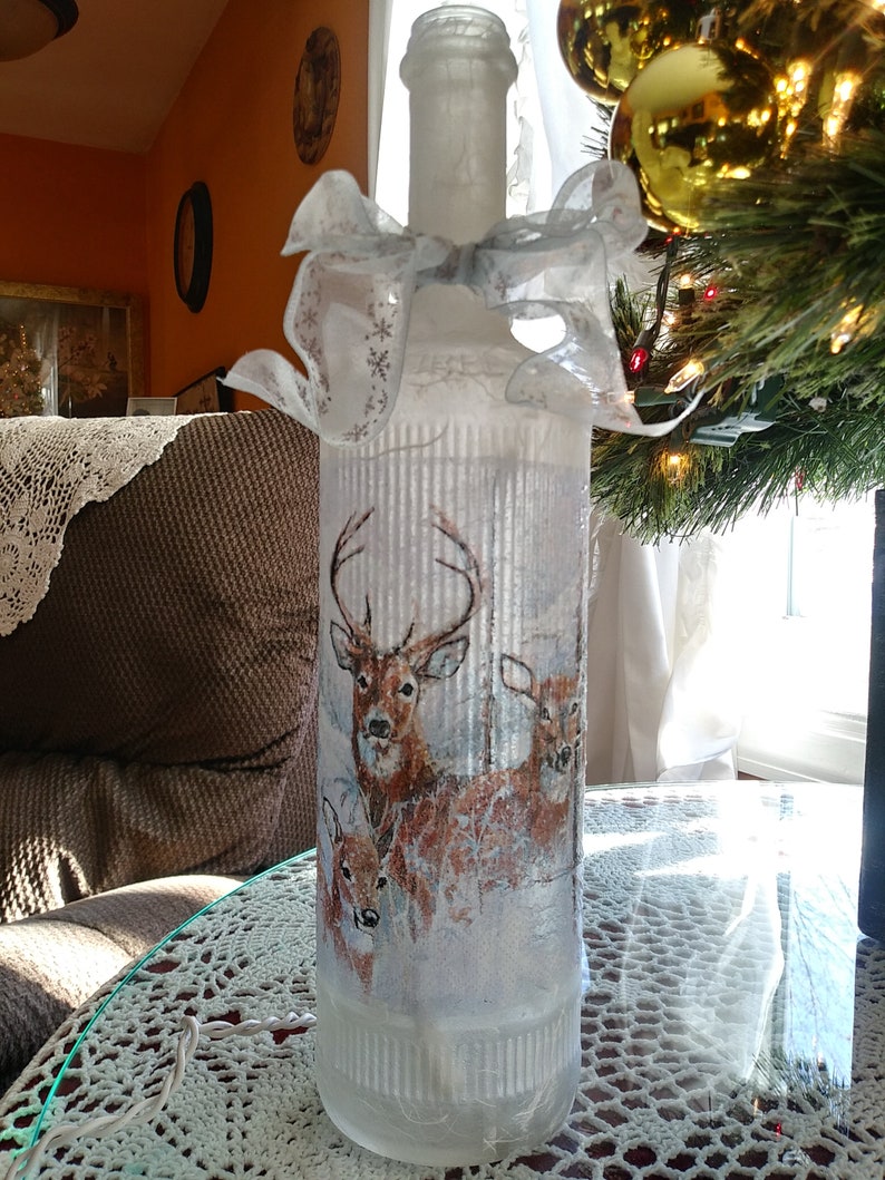 Deer in forest,wine bottle,wine art,wine craft,wine bottle with lights,accent lights,unique gifts,wine bottle lamp,gifts for her,lighting image 2