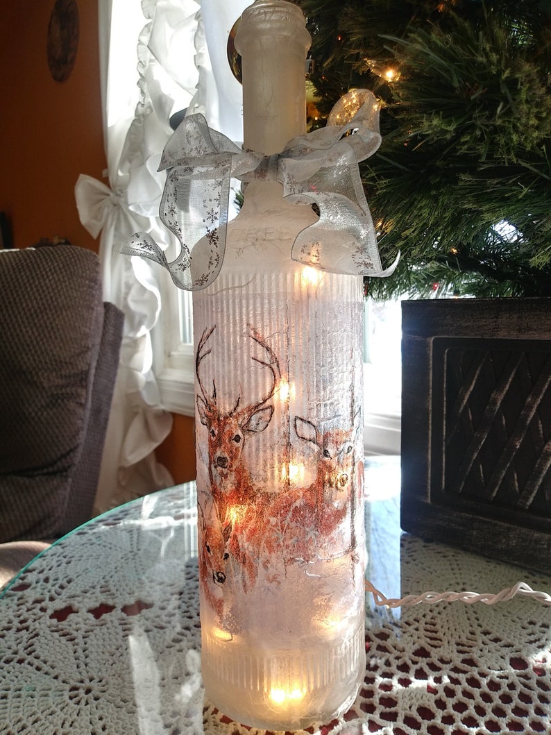 Deer in forest,wine bottle,wine art,wine craft,wine bottle with lights,accent lights,unique gifts,wine bottle lamp,gifts for her,lighting image 1