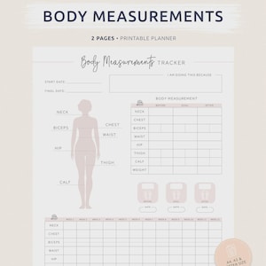 Op de afbeelding: Een afdrukbare lichaamsmeting tracker met de tekst "Body Measurements" bovenaan. De planner bevat secties voor nek-, borst-, biceps-, taille-, heup-, dij-, kuit- en gewichtsmetingen. Beschikbaar in A4, A5 en letterformaten.