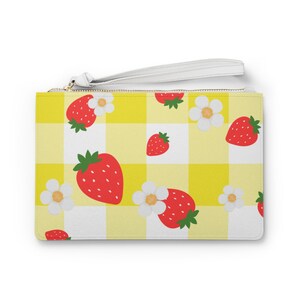 Strawberry Print Clutch Bag, Cute Summer Purse, Floral Wristlet, Fun Accessory for Parties, Gifts for Her, Everyday Use