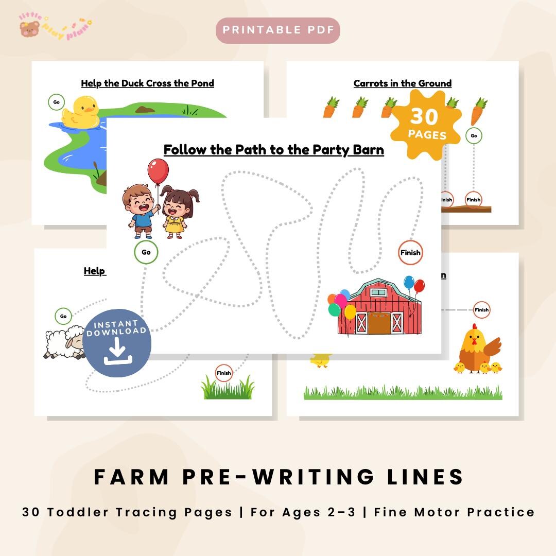 Farm Pre-writing Lines Printable | Toddler Tracing Practice PDF (ages 2