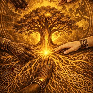 Op de afbeelding: Een gouden illustratie toont een boom met wortels en takken, omringd door handen van verschillende huidtinten. De handen zijn versierd met sieraden en henna-ontwerpen. De tekst "GlobalFlyerVibes" staat onderaan.