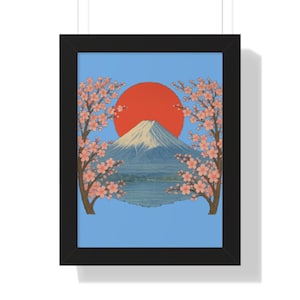 富士山の桜の額入りポスター、日本の桜の赤い太陽の壁アート、日本の春の風景旅行ポスターホームデコレーション